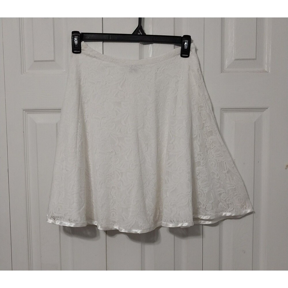 White Lace Skirt Satin Ribbon Hem Mini Elastic Waist Y2K Soft Girl Preppy SZ 5/6